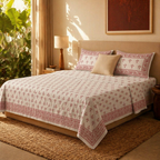 Blush Pink & White Hand-Printed Floral Bedsheet, The Linen Room. Handmade in India by House of Taraasha.