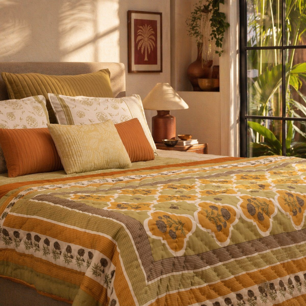 Sage & Mustard Mulmul Quilt, Marigold Motif, The Linen Room. Handmade in India by House of Taraasha.