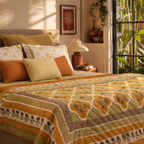 Sage & Mustard Mulmul Quilt, Marigold Motif, The Linen Room. Handmade in India by House of Taraasha.