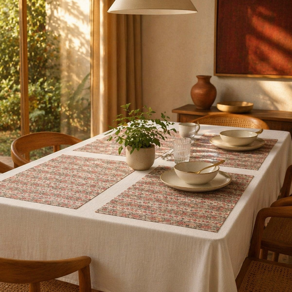 Dusty Pink & Off-White Floral Cotton Table Mat, The Gathered Table. Handmade in India by House of Taraasha.