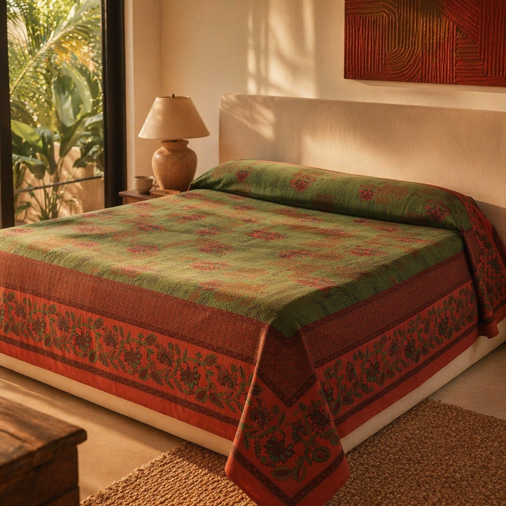 Chintz Revival Green and Brick Red Bed Cover, The Linen Room. Handmade in India by House of Taraasha.