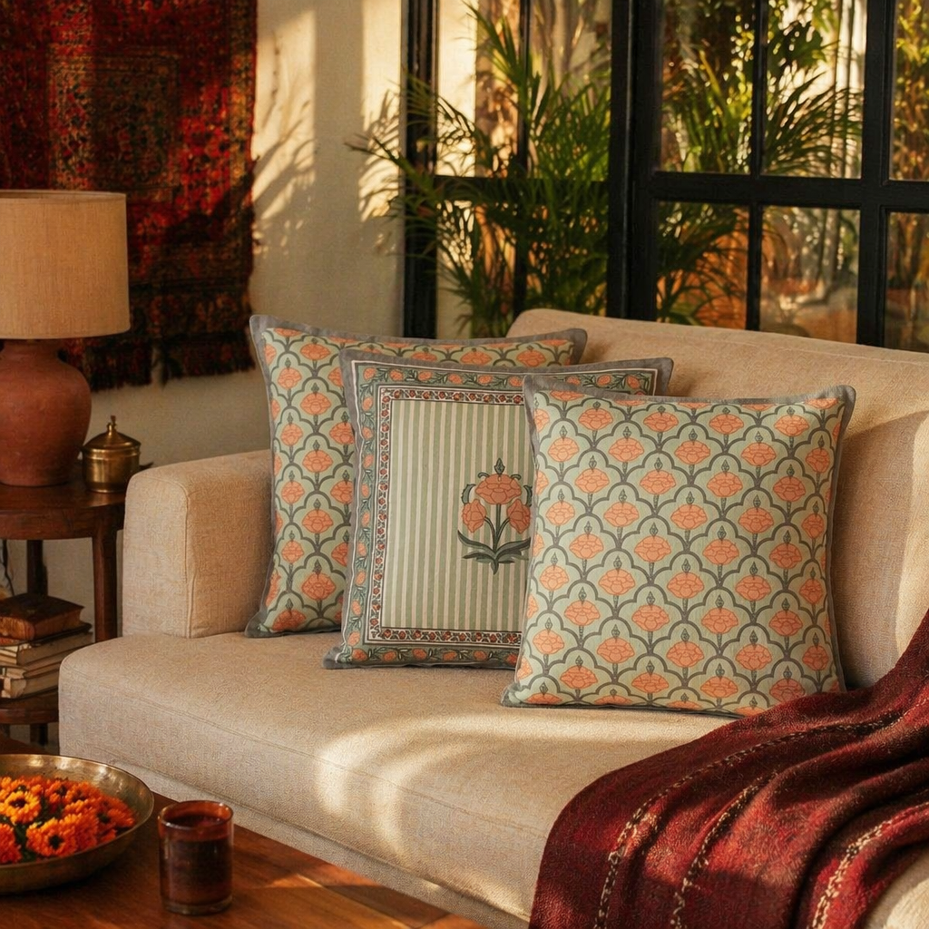 Jaali and Floral Green and Dusty Pink Cushion Cover Set, The Living Room. Handmade in India by House of Taraasha.