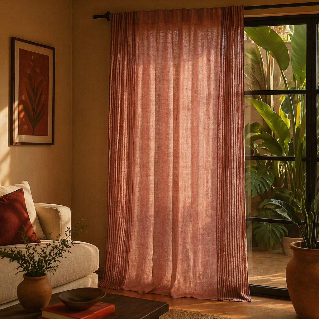 Dusty Pink Stripe Handwoven Semi-Blackout Cotton Curtain, The Draped Window. Handmade in India by House of Taraasha.