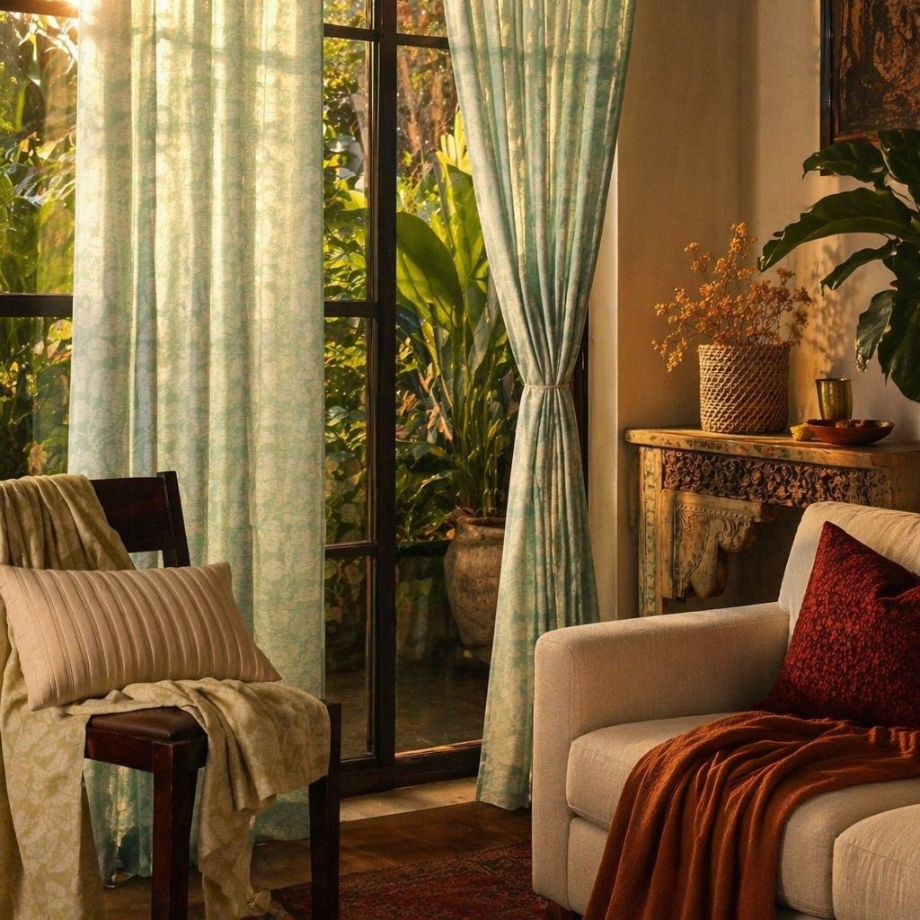 Teal Karhuwa Cutwork Door Curtain, The Draped Window. Handmade in India by House of Taraasha.