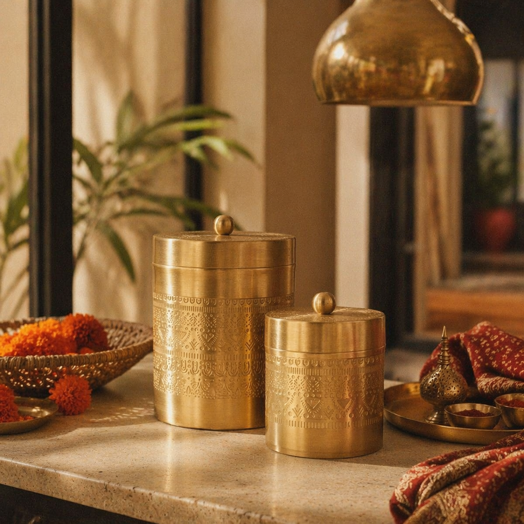 Moradabad Floral-Etched Brass Dabba Set of Two, The Brass Atelier. Handmade in India by House of Taraasha.