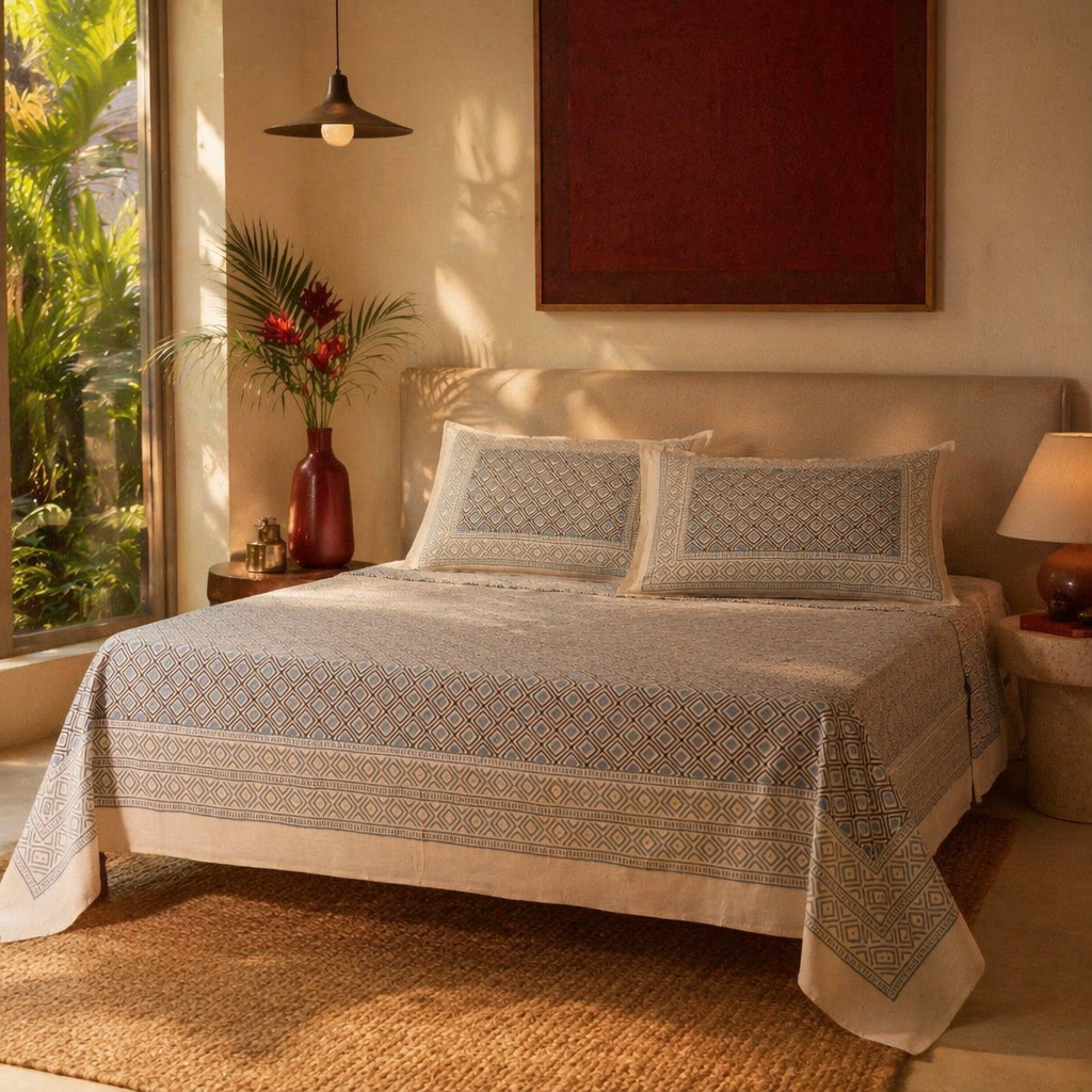 Mustard & Black Bagru Tiled Geometric Bedsheet, The Linen Room. Handmade in India by House of Taraasha.