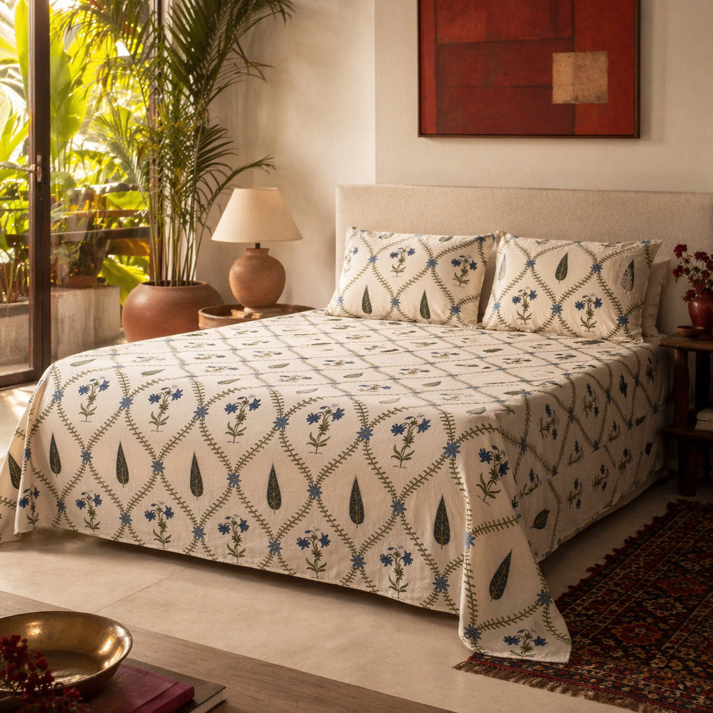 Cypress Blue Hand-Printed Floral Bedsheet, The Linen Room. Handmade in India by House of Taraasha.