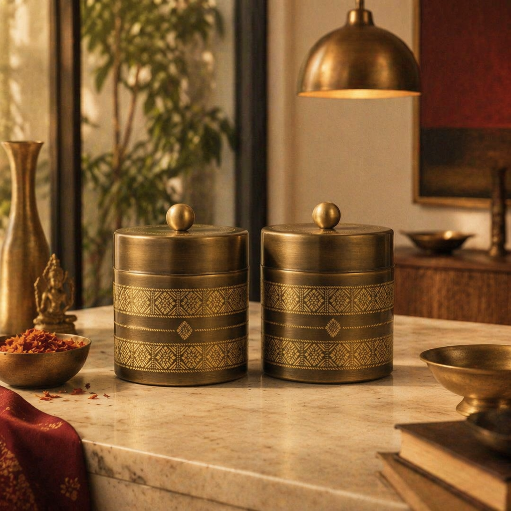 Kanjeevaram Antique Brass Kitchen Jar Duo, The Brass Atelier. Handmade in India by House of Taraasha.
