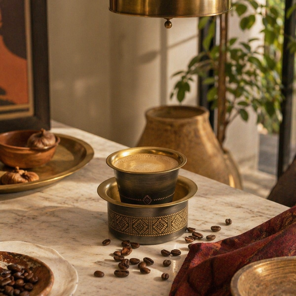 Kanjeevaram Antique Brass Filter Coffee Dabara Set, The Brass Atelier. Handmade in India by House of Taraasha.