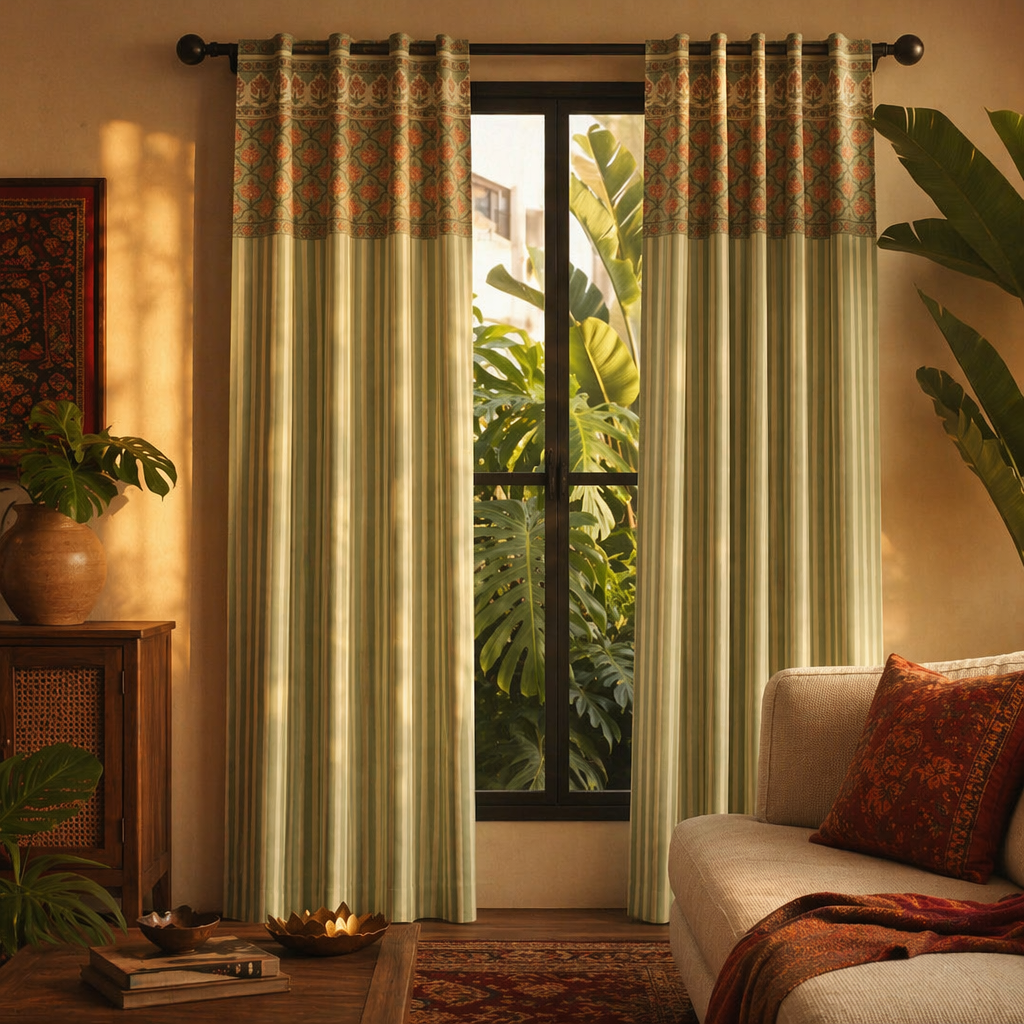 Green and Dusty Pink Floral Stripe Cotton Door Curtain, The Draped Window. Handmade in India by House of Taraasha.
