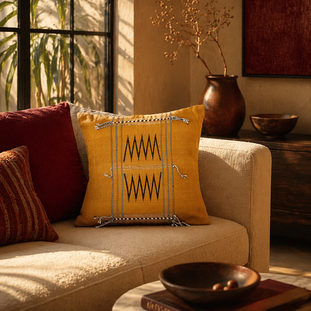Naga Mustard Backstrap-Loom Woven Tribal Cushion Cover, The Living Room. Handmade in India by House of Taraasha.