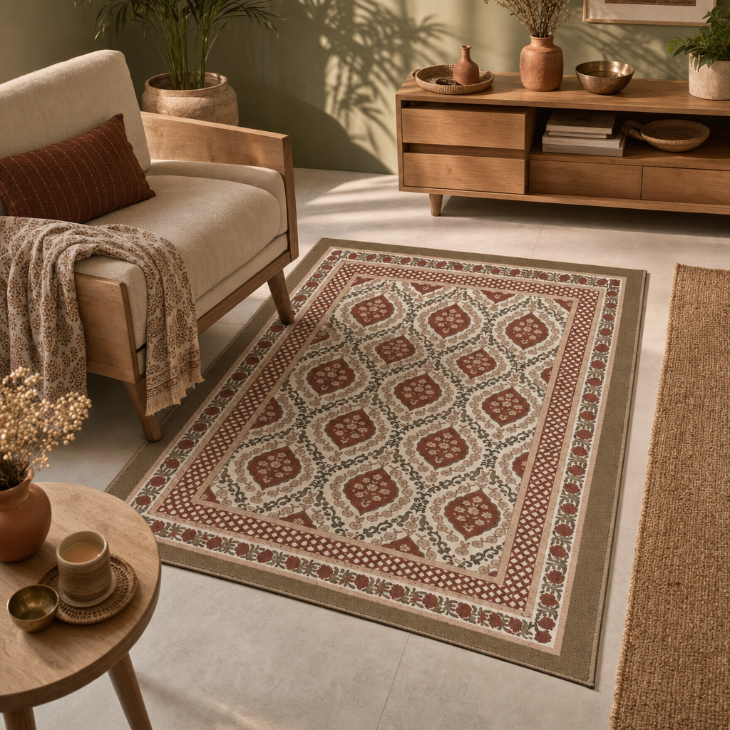 Ivory and Rust Hand Block-Printed Cotton Floor Rug in a modern home