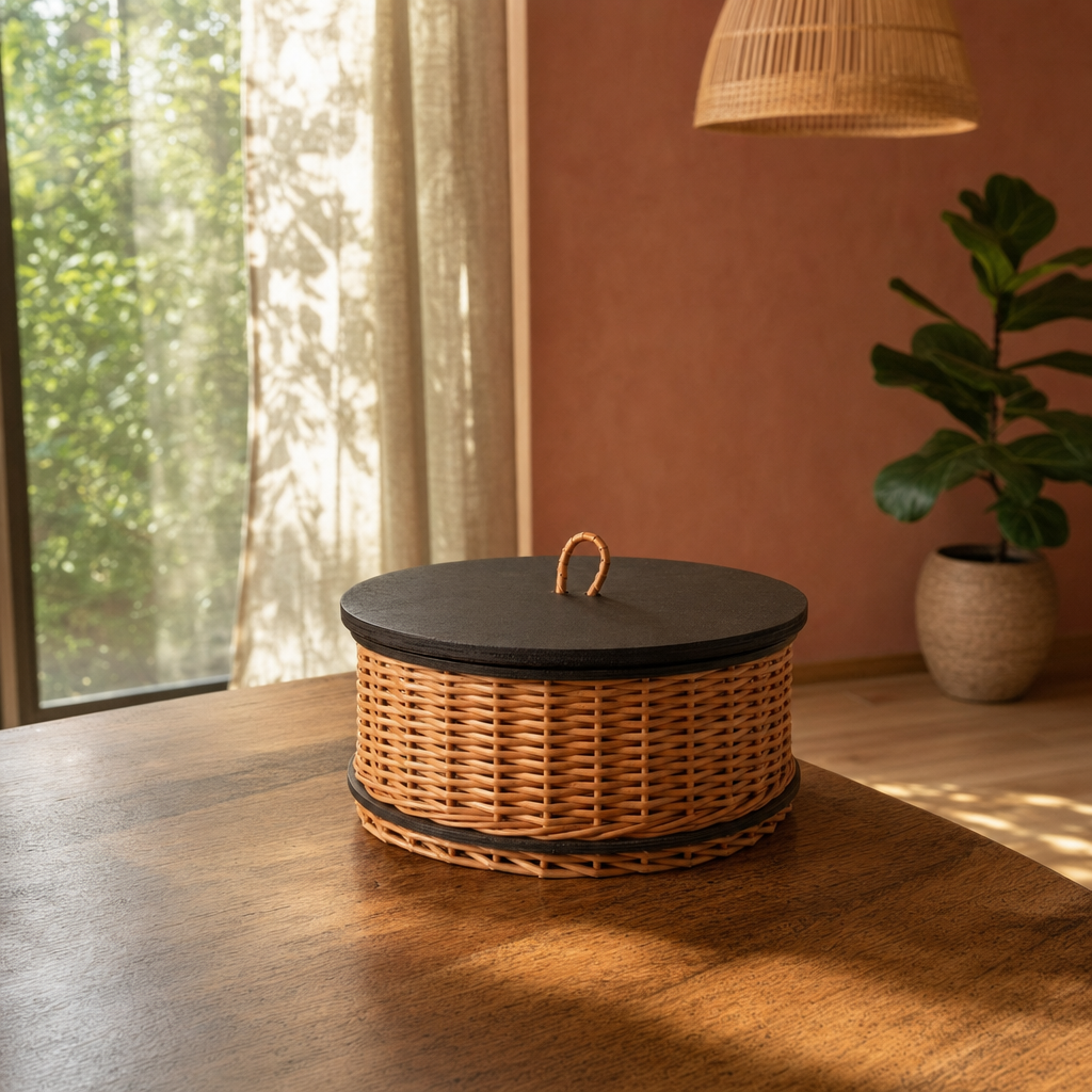 Kashmir Willow Lidded Wicker Storage Box in a modern home