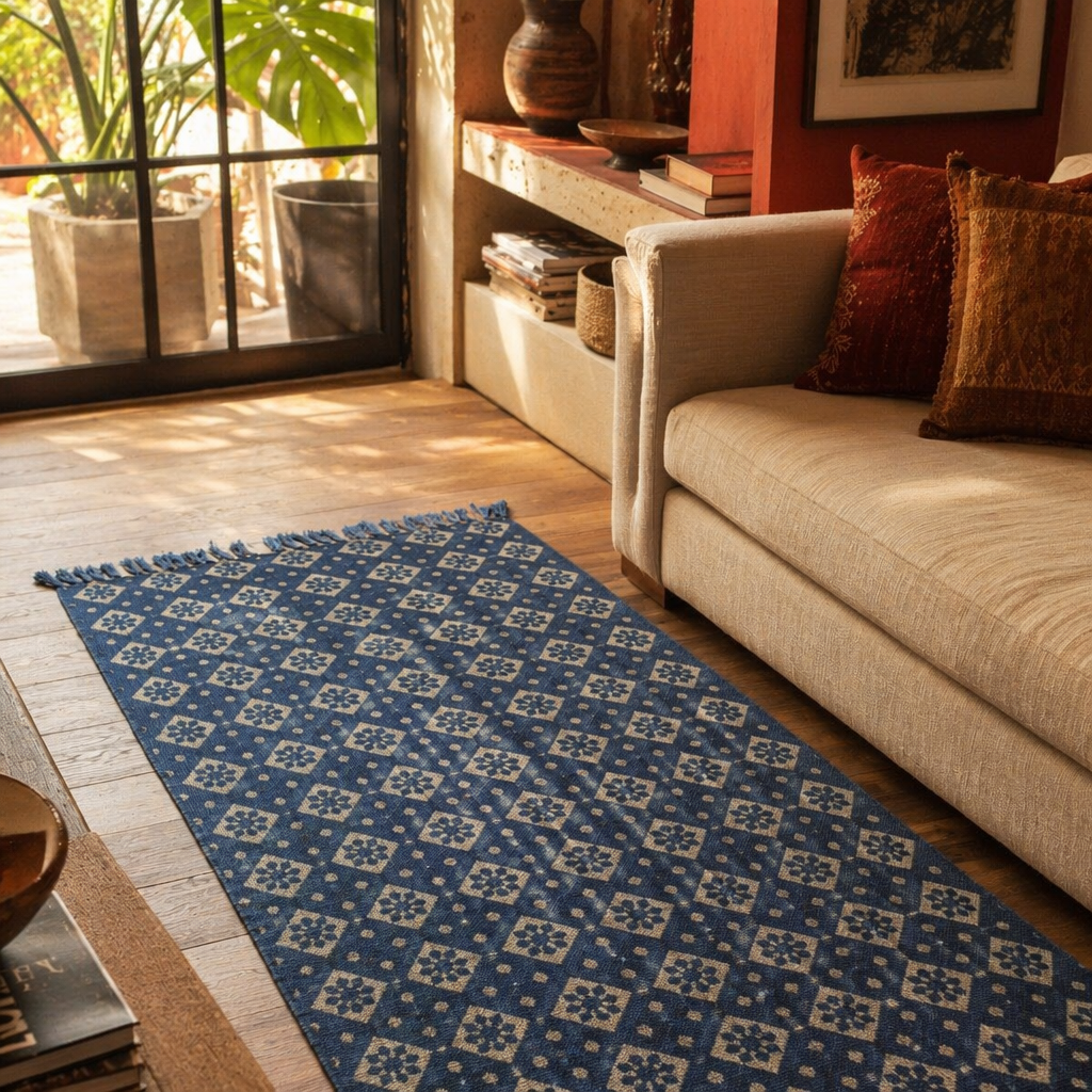 Dabu Mud-Resist Indigo Block-Printed Cotton Rug, The Woven Floor. Handmade in India by House of Taraasha.