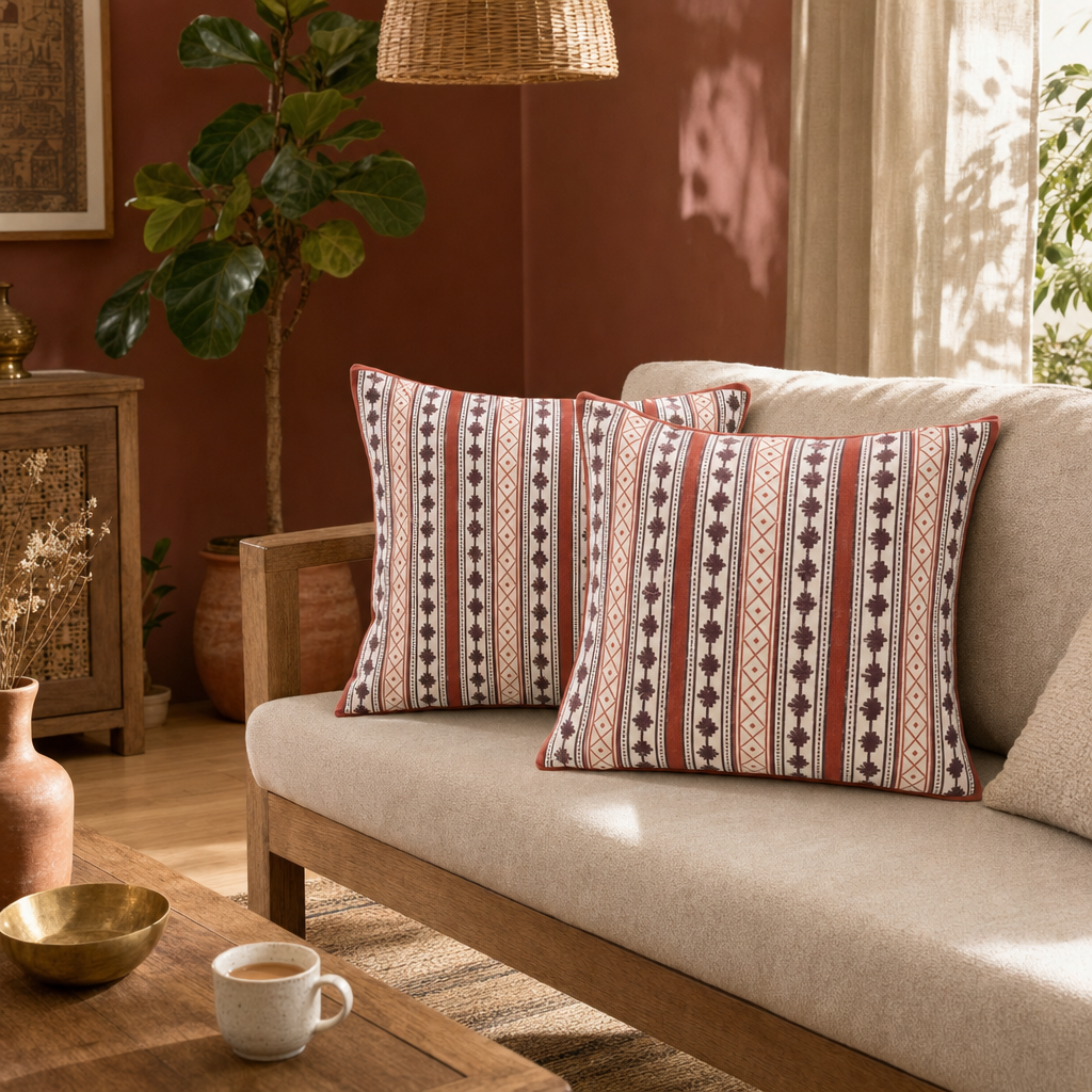 Maroon & Black Hand Block-Printed Cotton Cushion Cover in a modern home