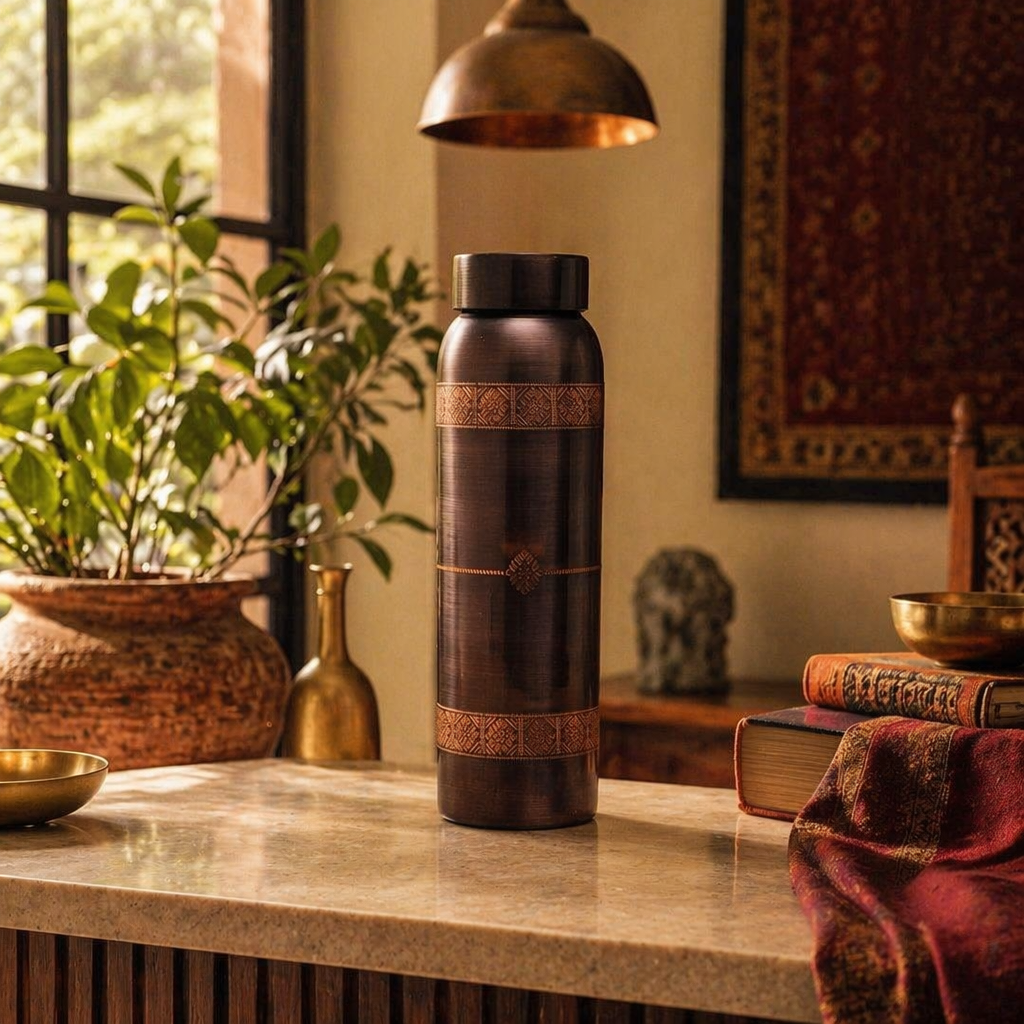 Kanjeevaram Etched Antique Pure Copper Water Bottle, The Brass Atelier. Handmade in India by House of Taraasha.