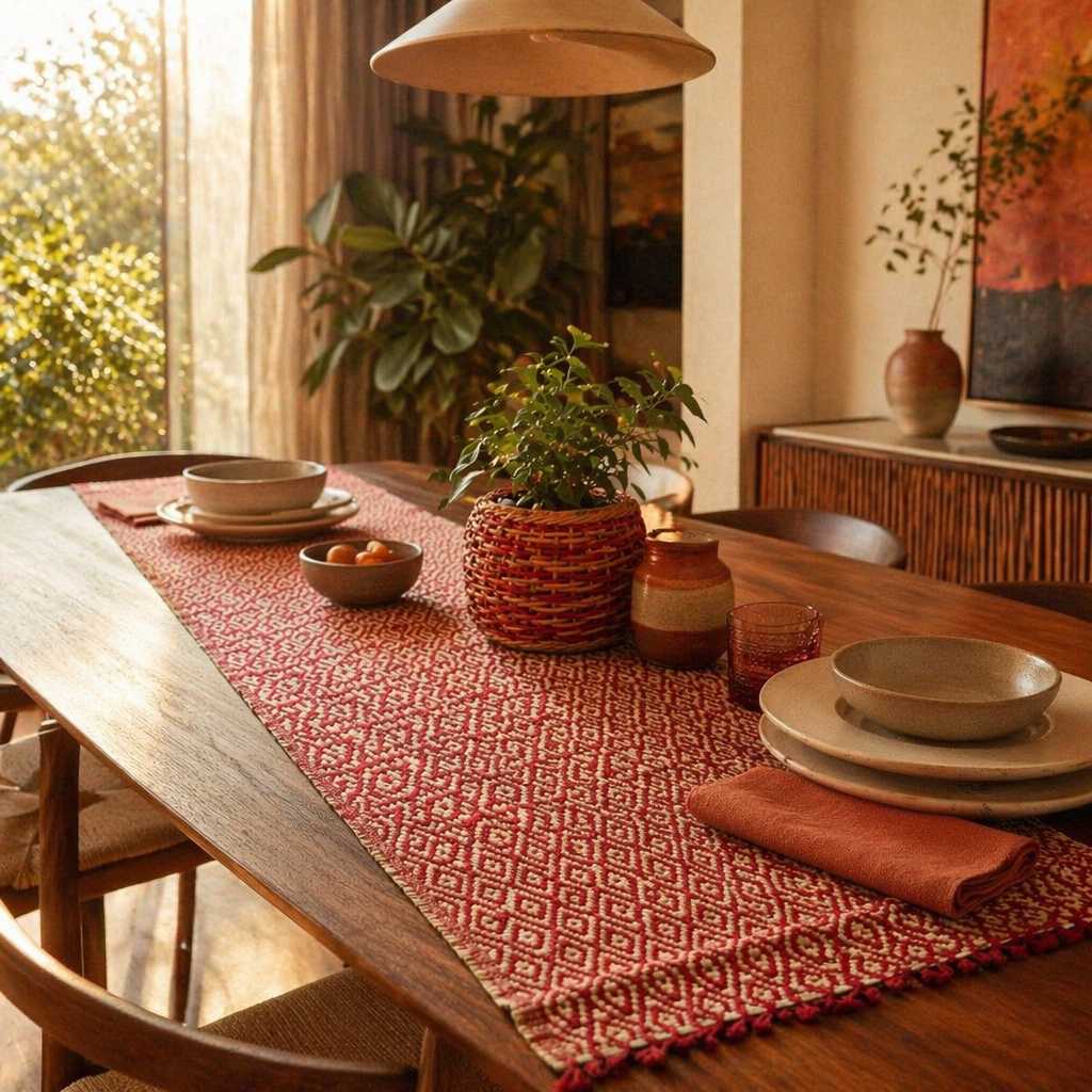 Madur Maroon Handwoven Grass Table Runner, The Gathered Table. Handmade in India by House of Taraasha.