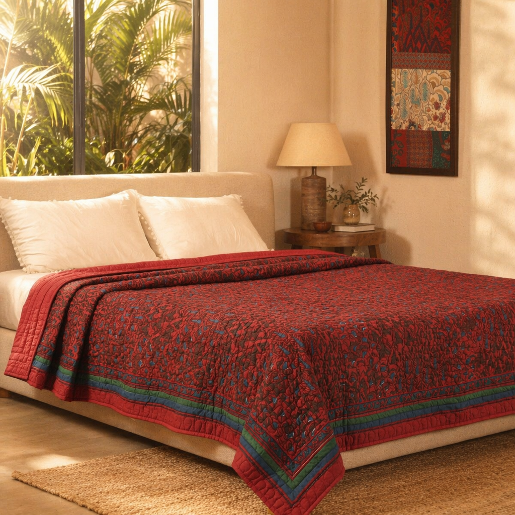 Chintz Brick Red and Navy Quilted Bed Cover, The Linen Room. Handmade in India by House of Taraasha.