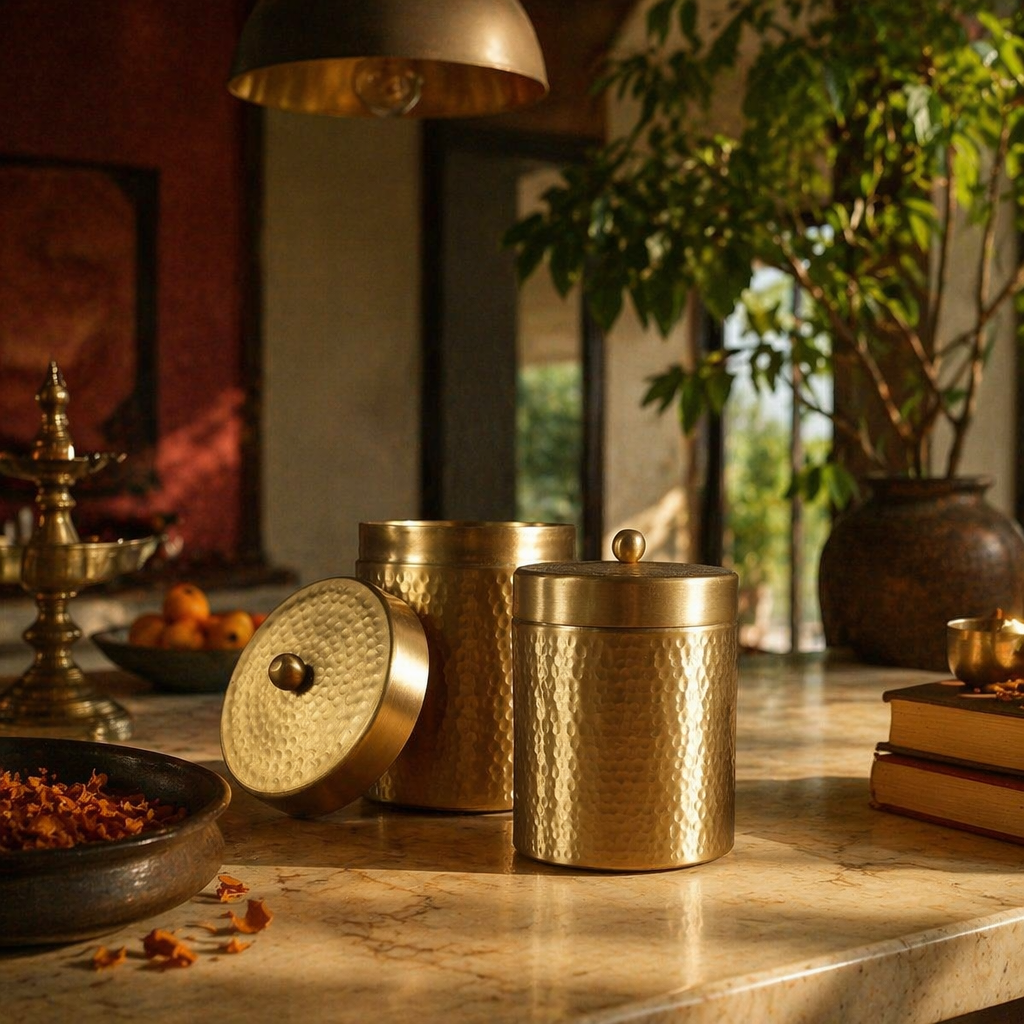 Moradabad Hammered Pure Brass Dabba, Large, The Brass Atelier. Handmade in India by House of Taraasha.