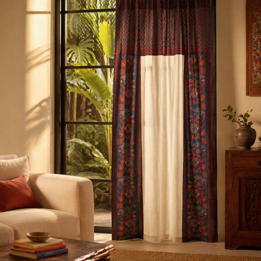 Chintz Single Panel Ivory, Maroon and Navy Cotton Curtain, The Draped Window. Handmade in India by House of Taraasha.