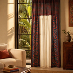 Chintz Single Panel Ivory, Maroon and Navy Cotton Curtain, The Draped Window. Handmade in India by House of Taraasha.