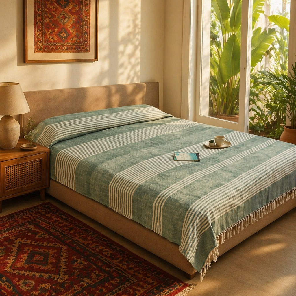 Royal Courtyards Green Striped Handwoven Bed Cover, The Linen Room. Handmade in India by House of Taraasha.
