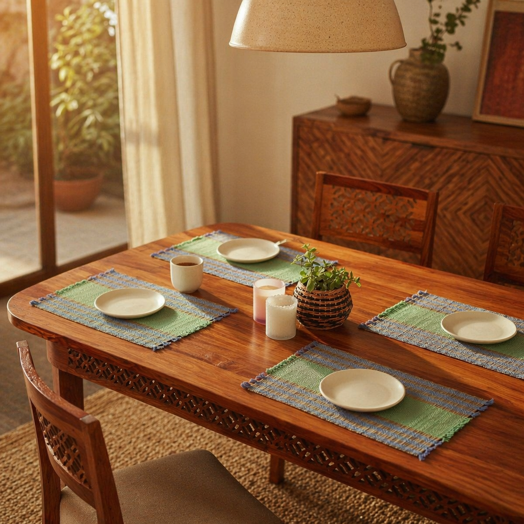 Powder Blue & Aqua Green Madur Grass Table Mat, The Gathered Table. Handmade in India by House of Taraasha.