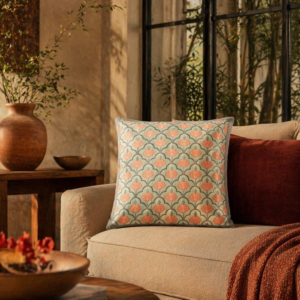 Jaali Green and Dusty Pink Hand-Printed Cushion Cover, The Living Room. Handmade in India by House of Taraasha.