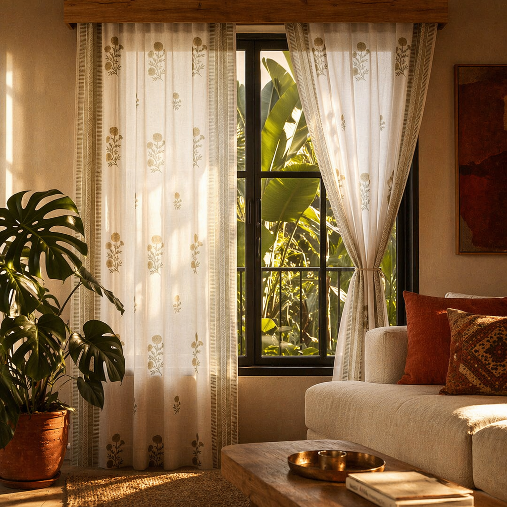 Sheer Taupe and Olive Green Mulmul Curtain, The Draped Window. Handmade in India by House of Taraasha.