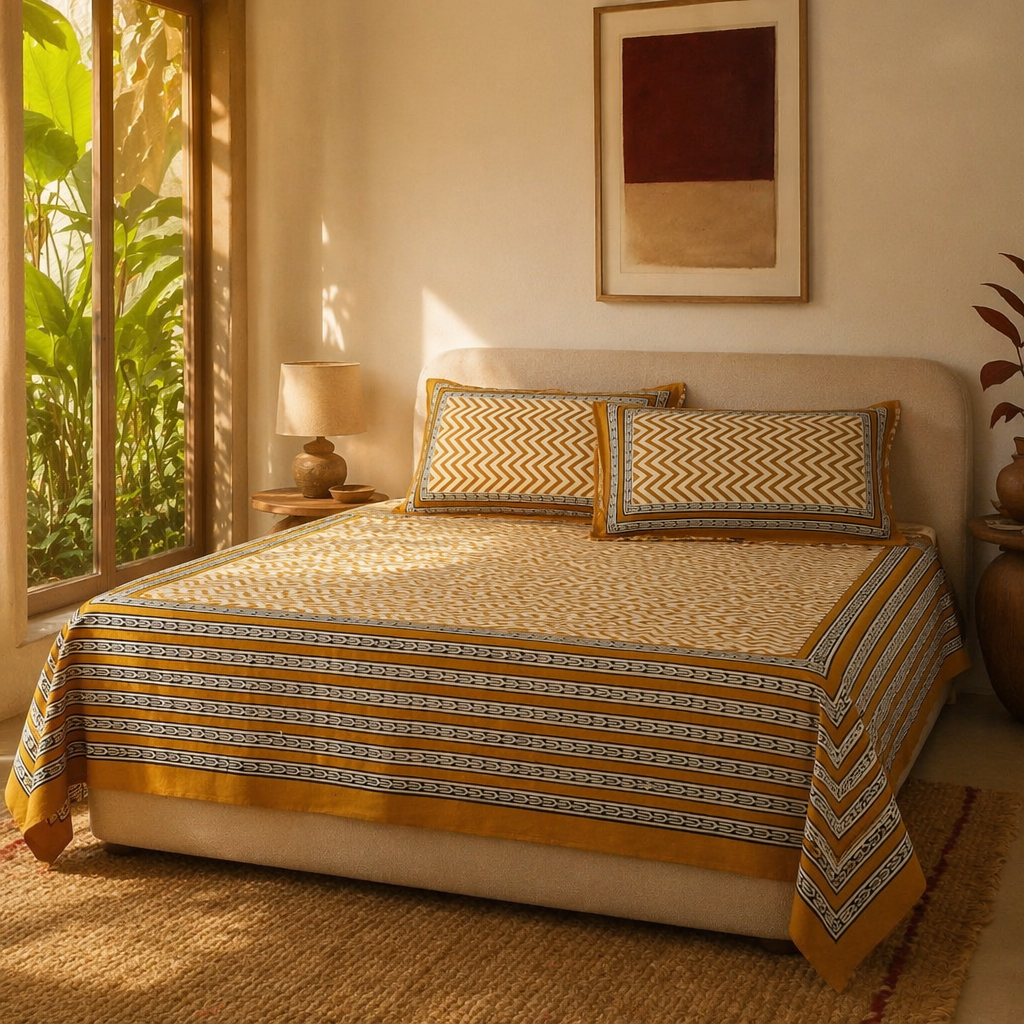 Mustard & Black Bagru Chevron Bedsheet, The Linen Room. Handmade in India by House of Taraasha.
