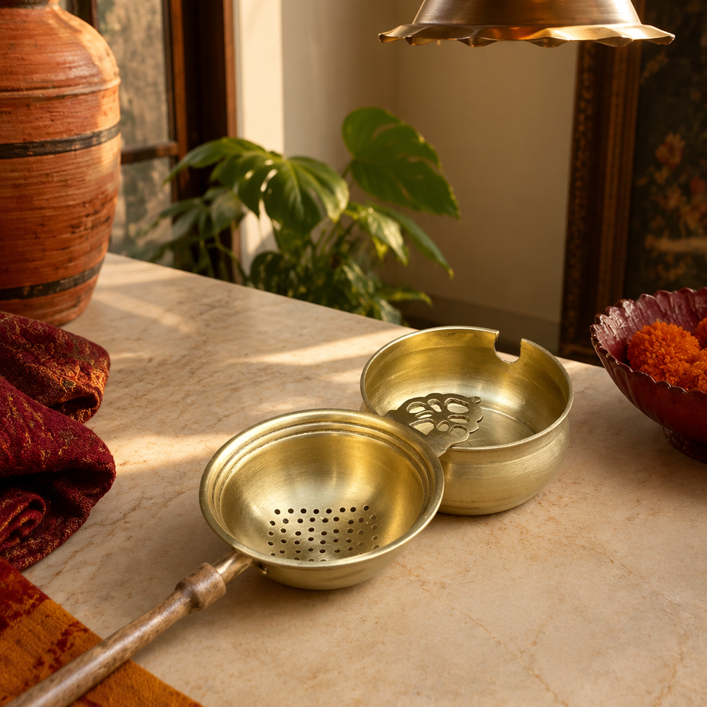 Mould-Cast and Polished Brass Tea Strainer with Wooden Handle