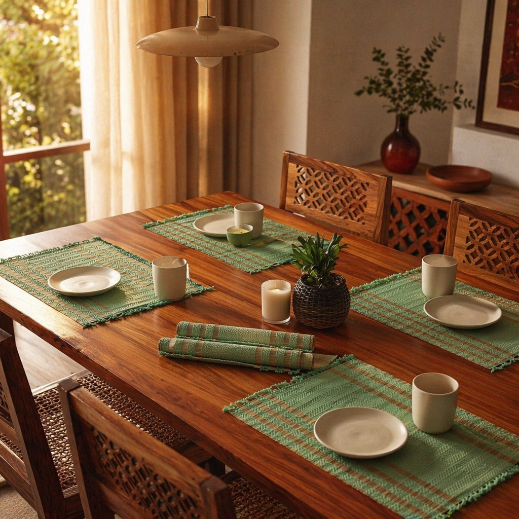 Aqua Green & Beige Madur Grass Table Mat, The Gathered Table. Handmade in India by House of Taraasha.