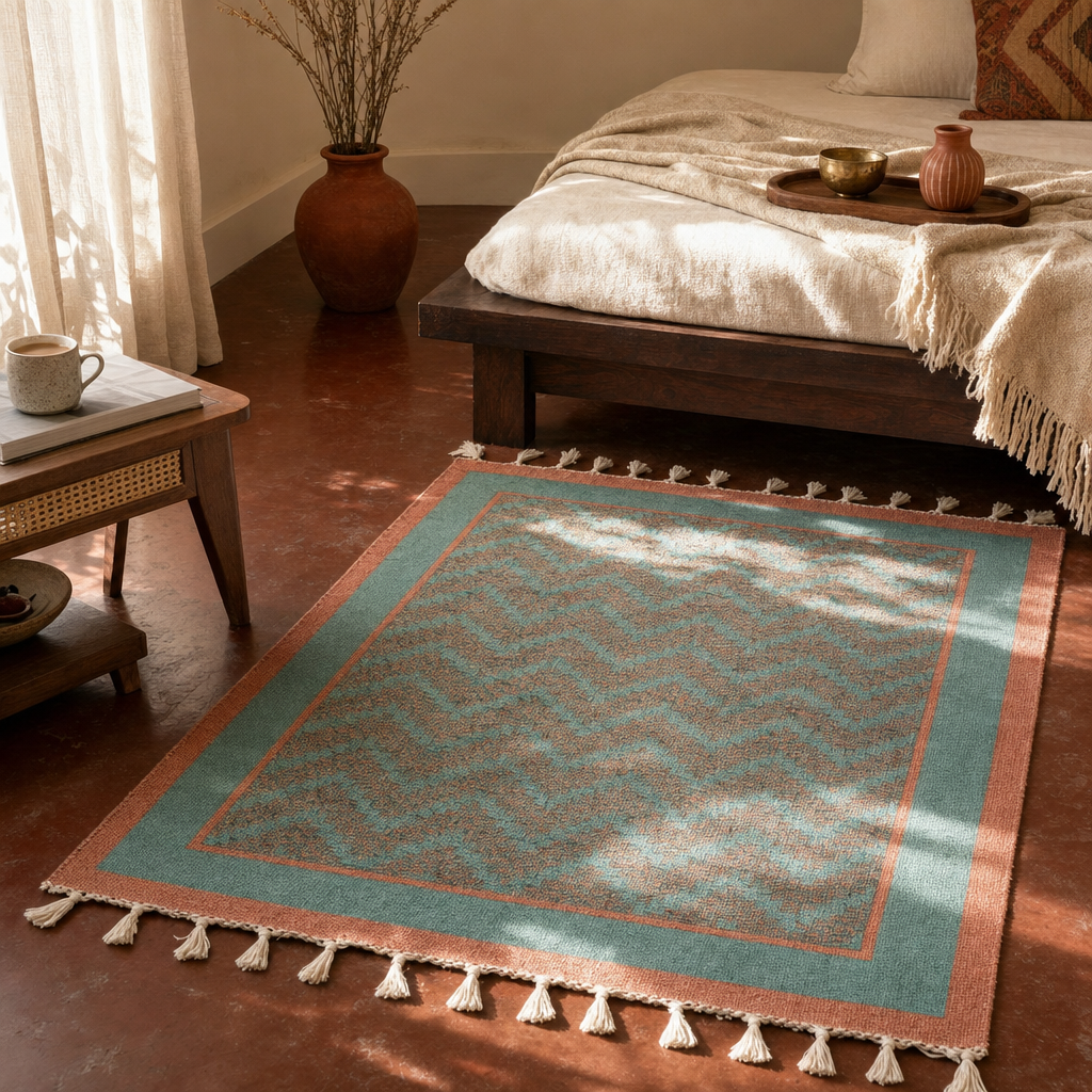 Green and Navy Hand Block-Printed Cotton Chevron Rug in a modern home