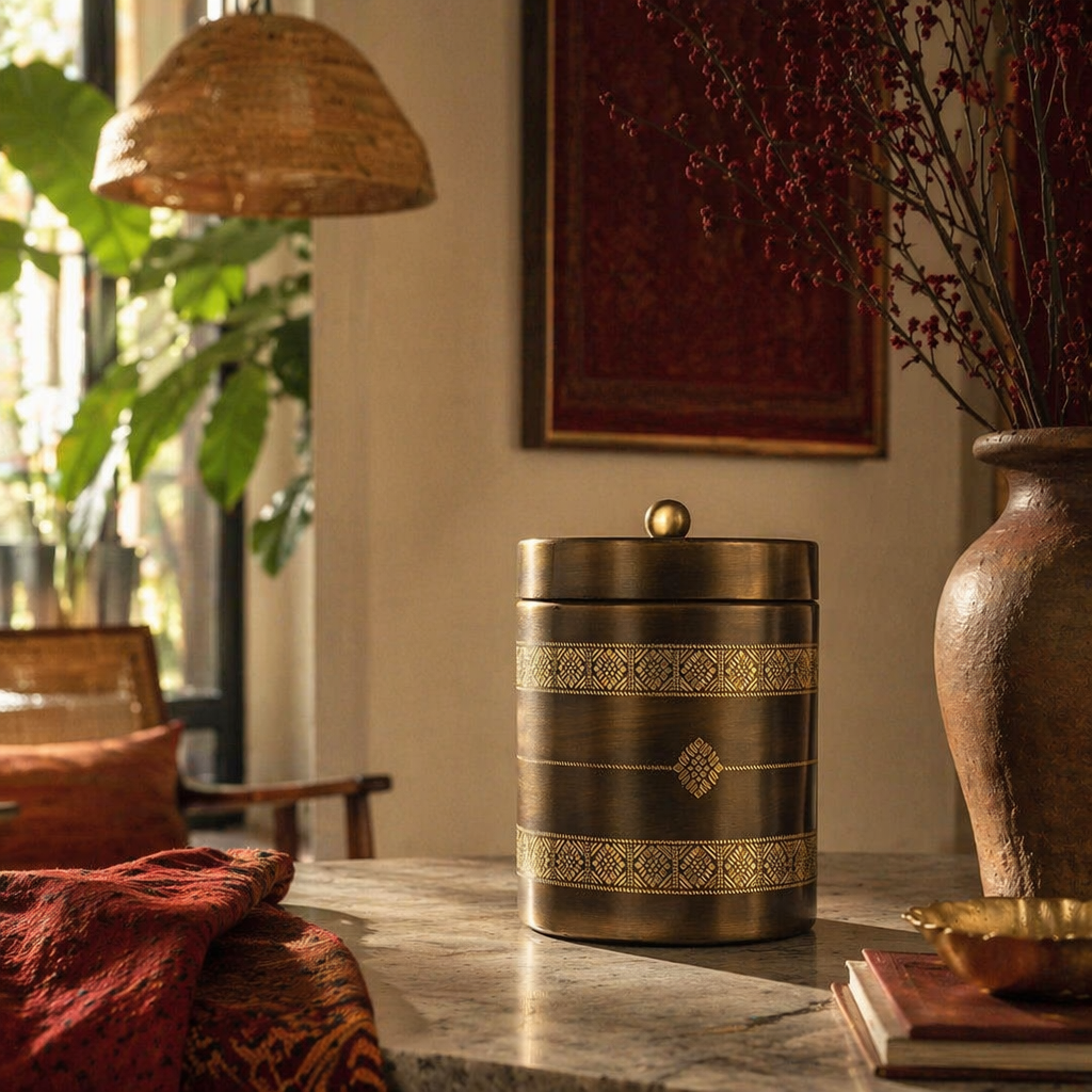 Antique-Finish Kanjeevaram Etched Pure Brass Kitchen Jar, The Brass Atelier. Handmade in India by House of Taraasha.