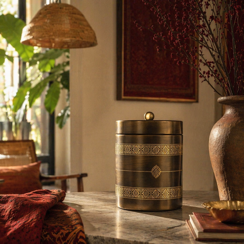 Antique-Finish Kanjeevaram Etched Pure Brass Kitchen Jar, The Brass Atelier. Handmade in India by House of Taraasha.