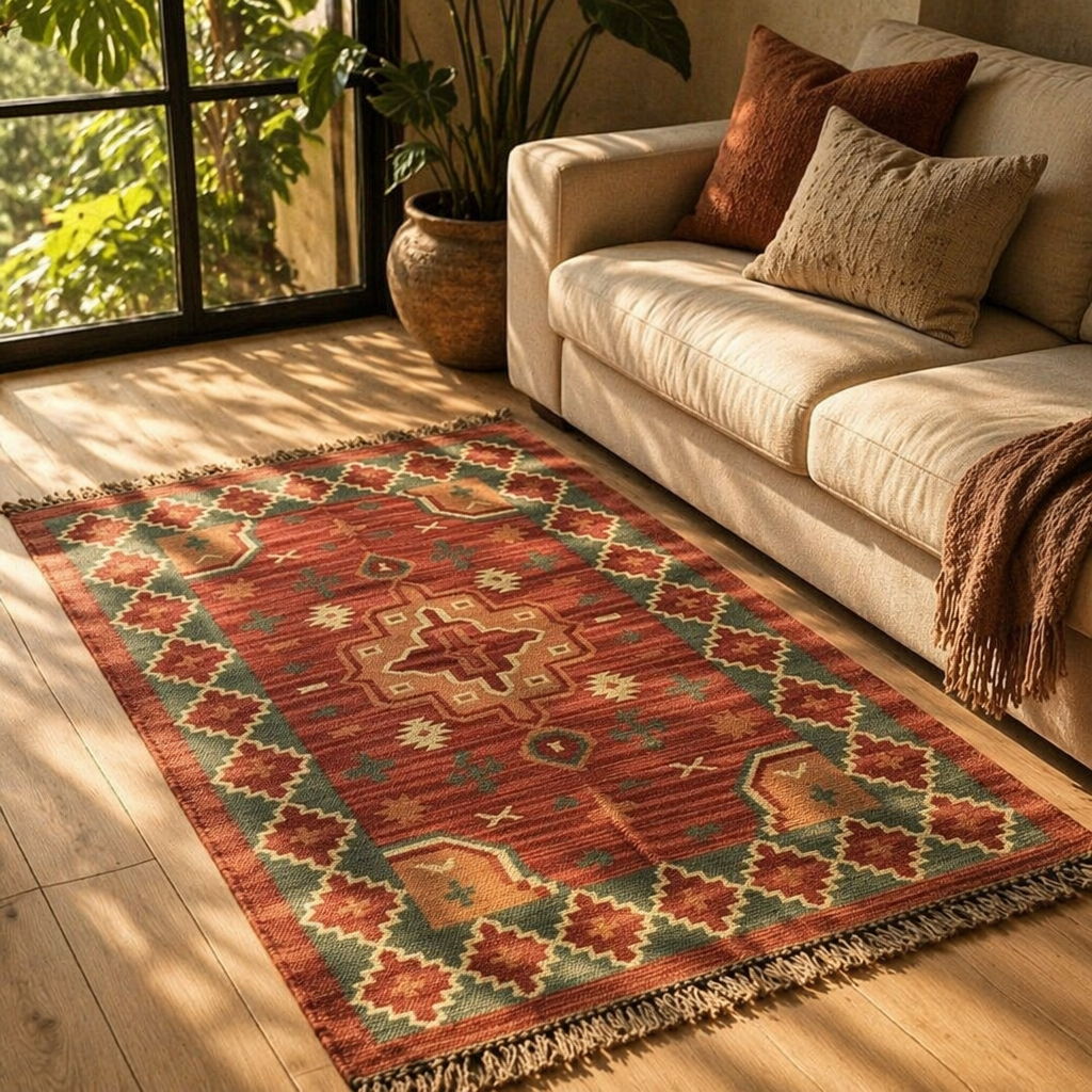 Geometric Rust Punja-Woven Jute and Wool Rug, The Woven Floor. Handmade in India by House of Taraasha.