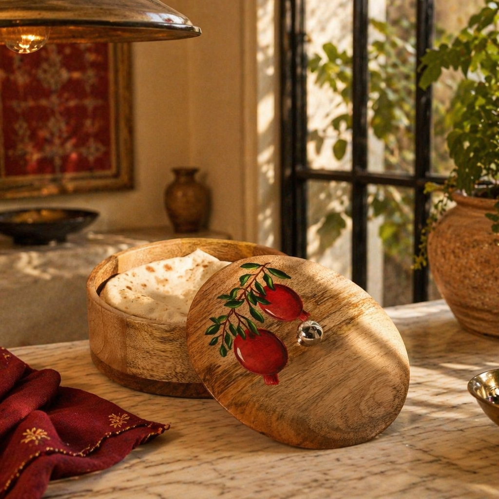 Rajasthan Hand-Painted Anar Mango Wood Roti Box, The Wood Table. Handmade in India by House of Taraasha.
