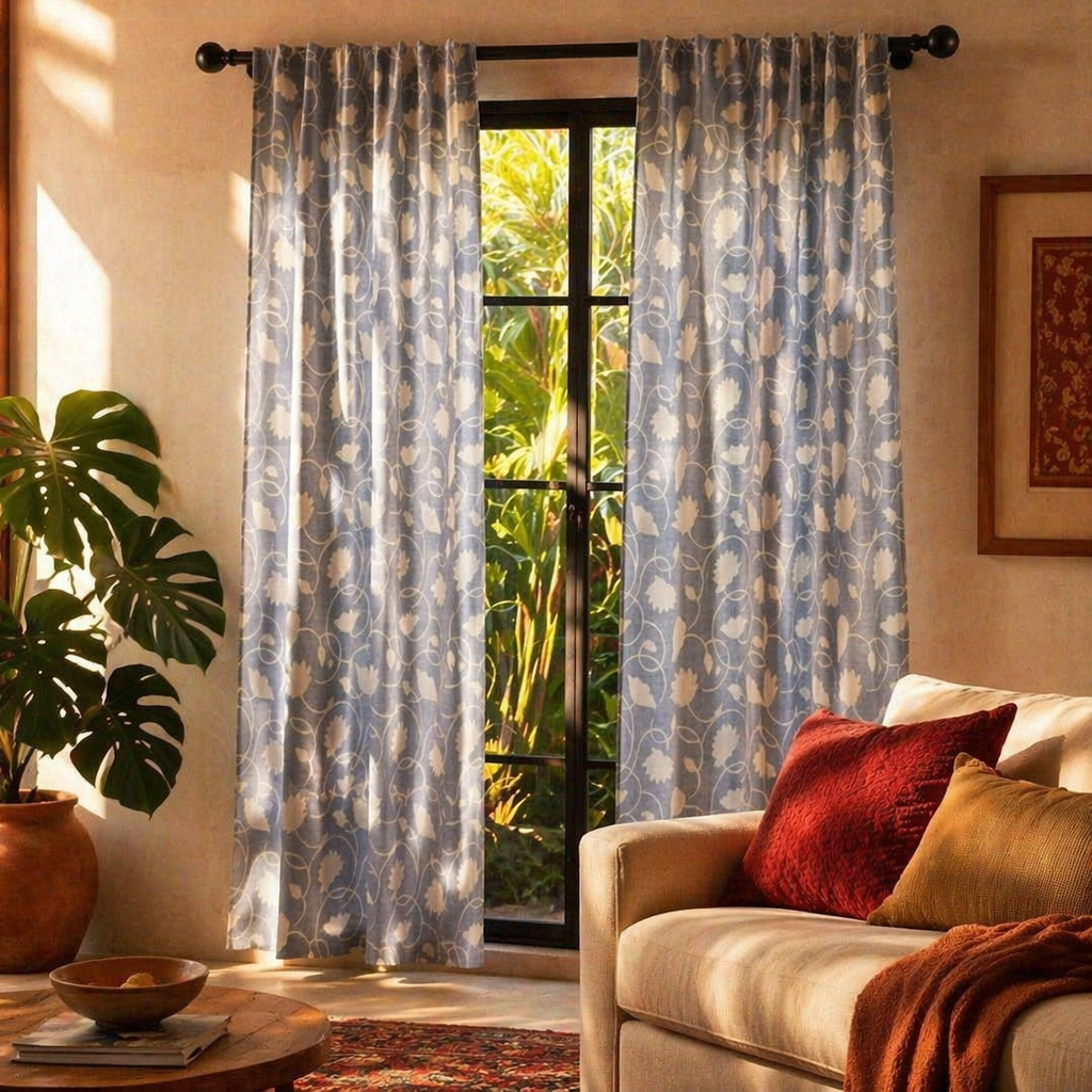 Lotus Cutwork Handwoven Semi-Sheer Cotton Curtain, The Draped Window. Handmade in India by House of Taraasha.
