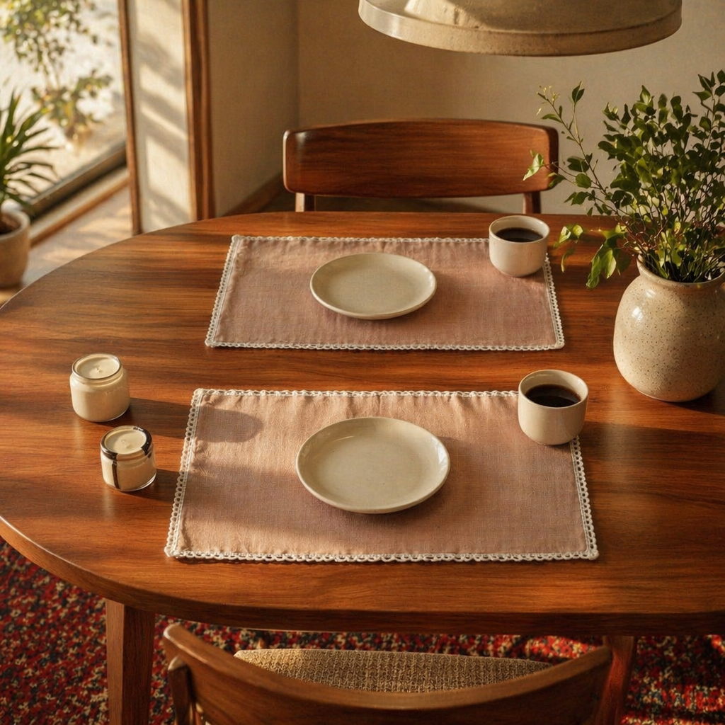 Crochet-Edged Table Mats Taupe and Off-White, The Gathered Table. Handmade in India by House of Taraasha.