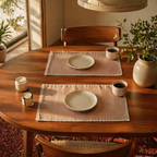 Crochet-Edged Table Mats Taupe and Off-White, The Gathered Table. Handmade in India by House of Taraasha.