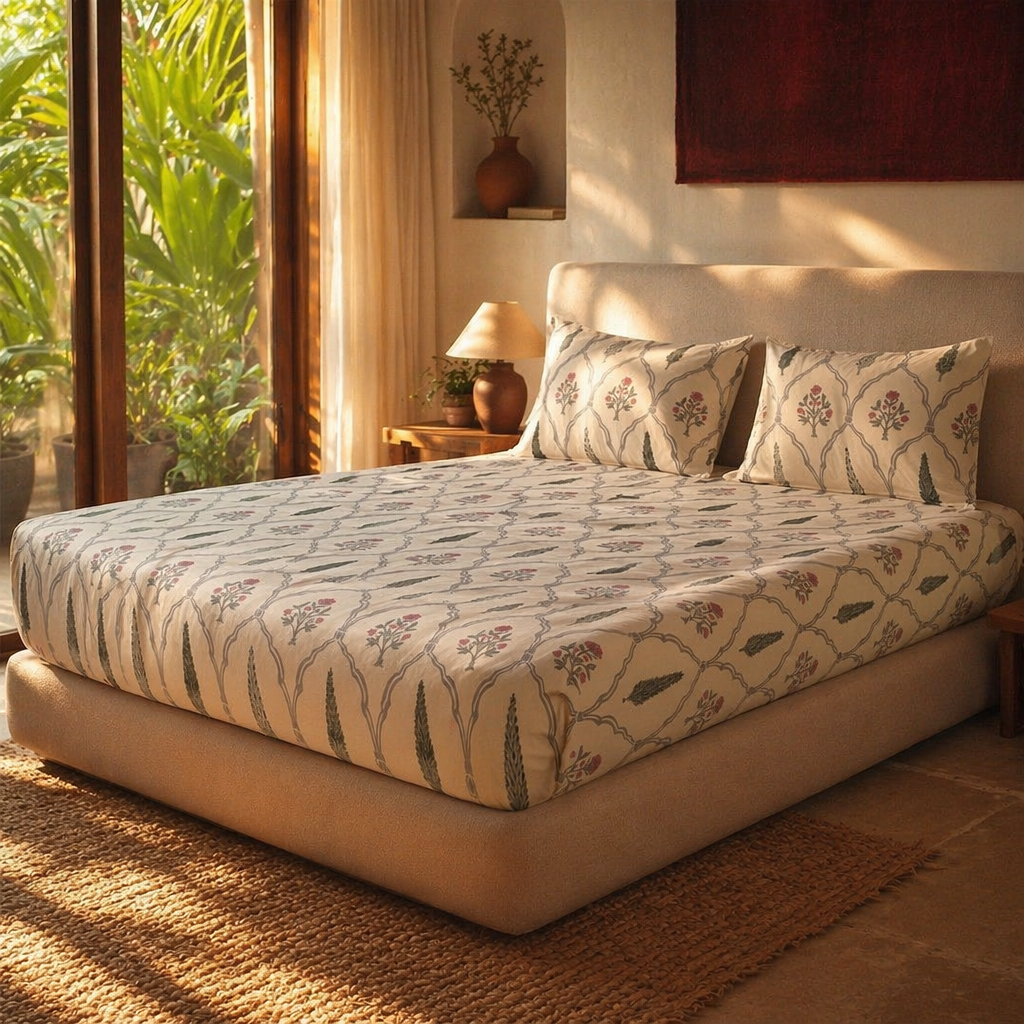 Cypress Pink Hand-Printed Floral Bedsheet, The Linen Room. Handmade in India by House of Taraasha.