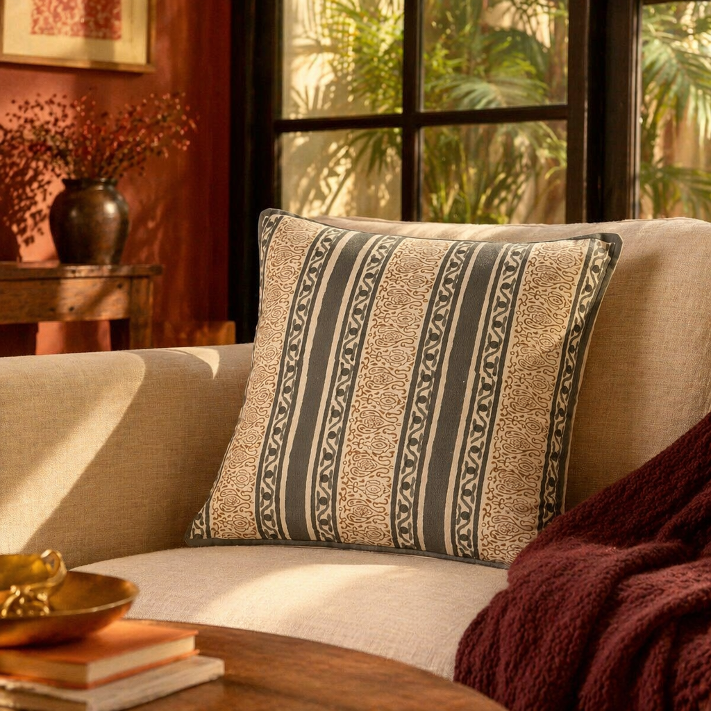 Charcoal Stripe Hand Block-Printed Cotton Cushion Cover, The Living Room. Handmade in India by House of Taraasha.