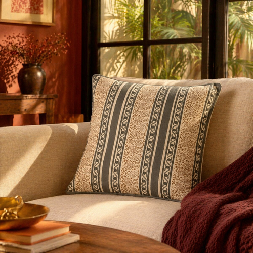 Charcoal Stripe Hand Block-Printed Cotton Cushion Cover, The Living Room. Handmade in India by House of Taraasha.