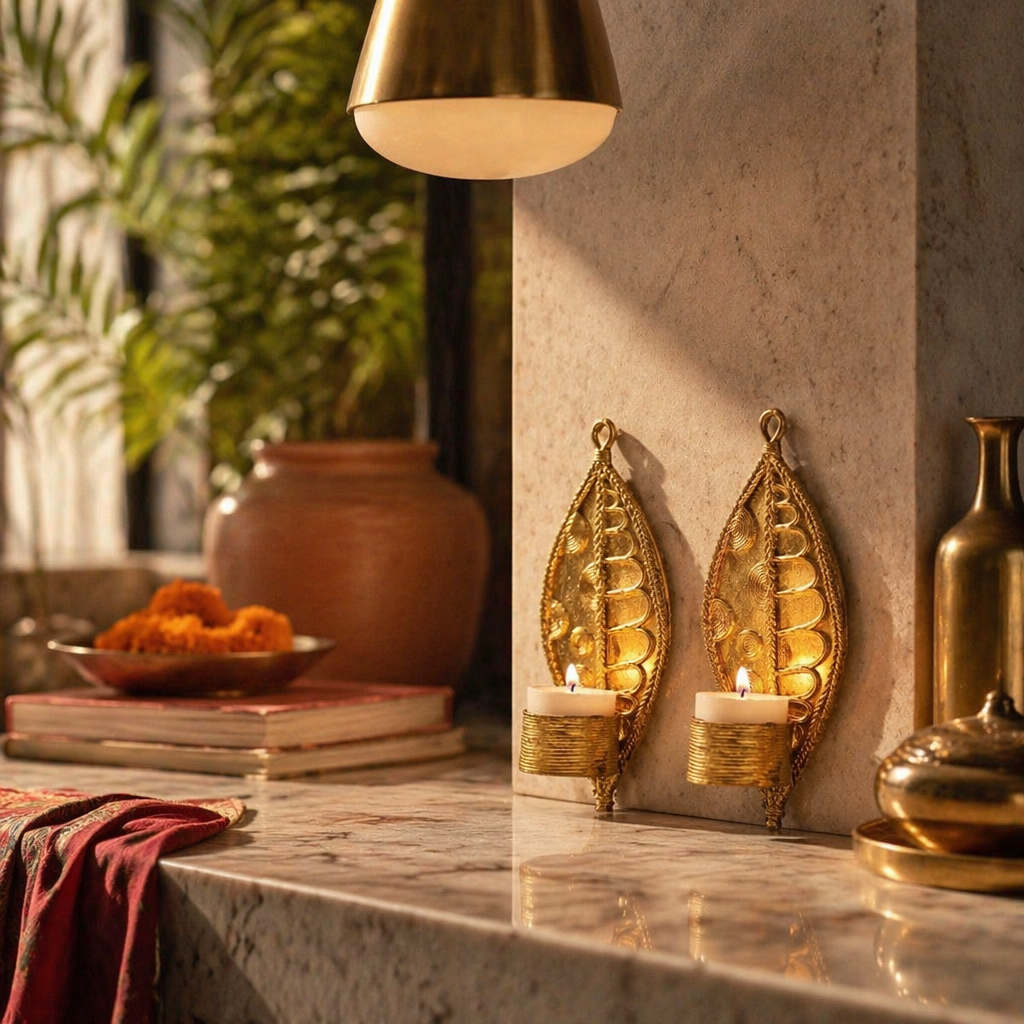 Dhokra Parna Brass Leaf Tealight Holders, Tribal Stories. Handmade in India by House of Taraasha.