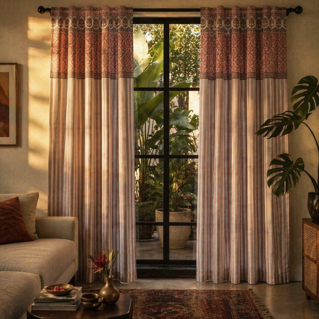 Dusty Pink and Off-White Floral Stripe Cotton Door Curtain, The Draped Window. Handmade in India by House of Taraasha.