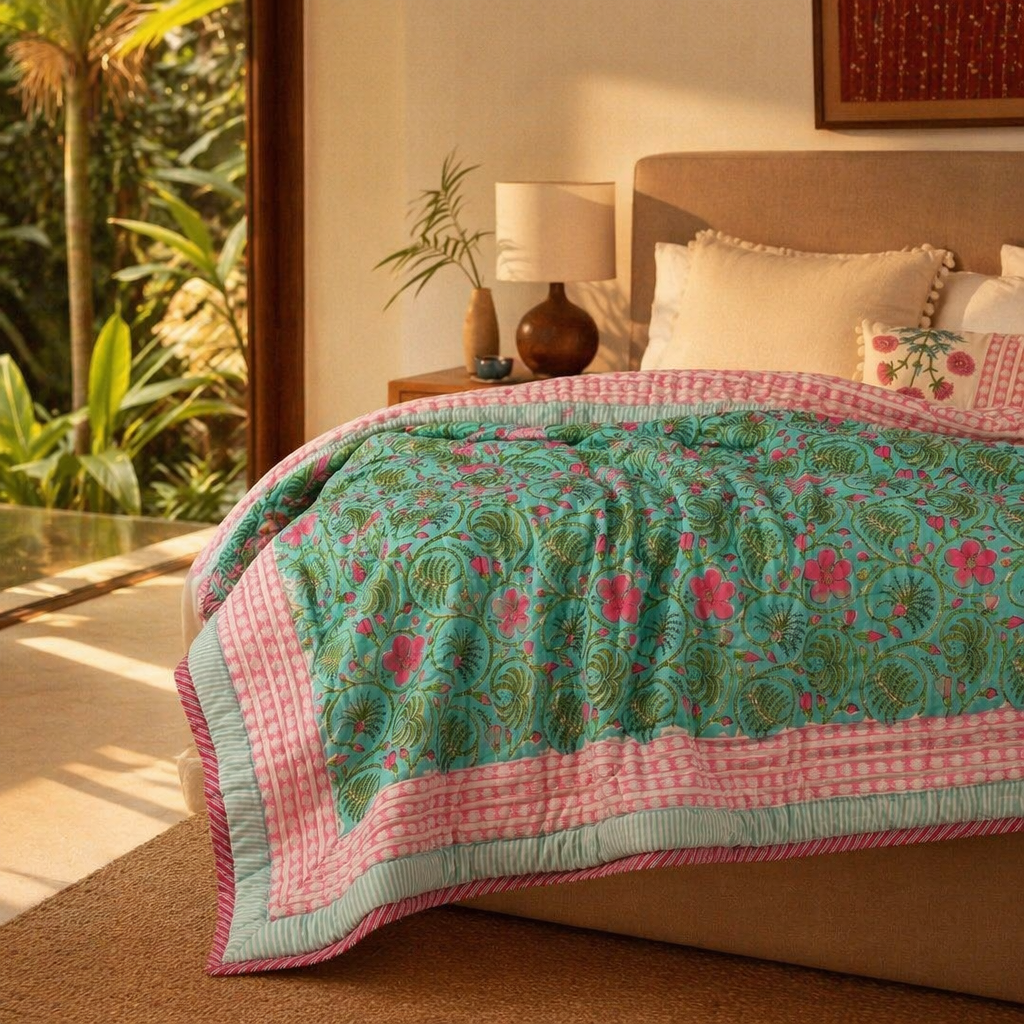 Turquoise & Pink Reversible Jaipuri Razai, The Linen Room. Handmade in India by House of Taraasha.