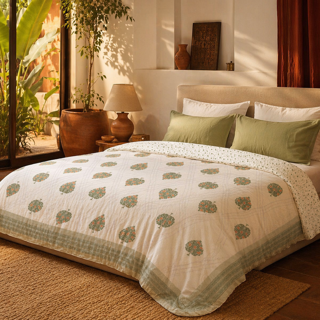 Ornate Trees Reversible Block-Printed Quilt, The Linen Room. Handmade in India by House of Taraasha.