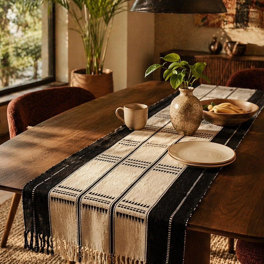 Naga Backstrap-Woven Runner Monochrome Stripe, The Gathered Table. Handmade in India by House of Taraasha.