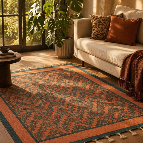 Coral & Teal Chintz Hand Block-Printed Cotton Rug, The Woven Floor. Handmade in India by House of Taraasha.