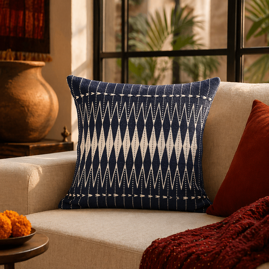 Naga Indigo Fusion Backstrap-Woven Blue and White Cushion Cover, The Living Room. Handmade in India by House of Taraasha.
